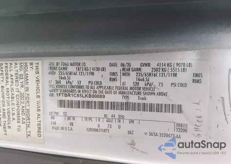 2020 Ford Transit-250 z USA, uszkodzony, nr VIN 1FTBR1C85LKB00089